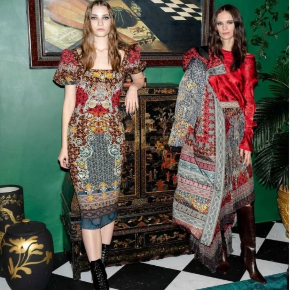 Alice + Olivia LEXIA PUFF SLEEVE MIDI DRESS in Always Forever Multi XS $350